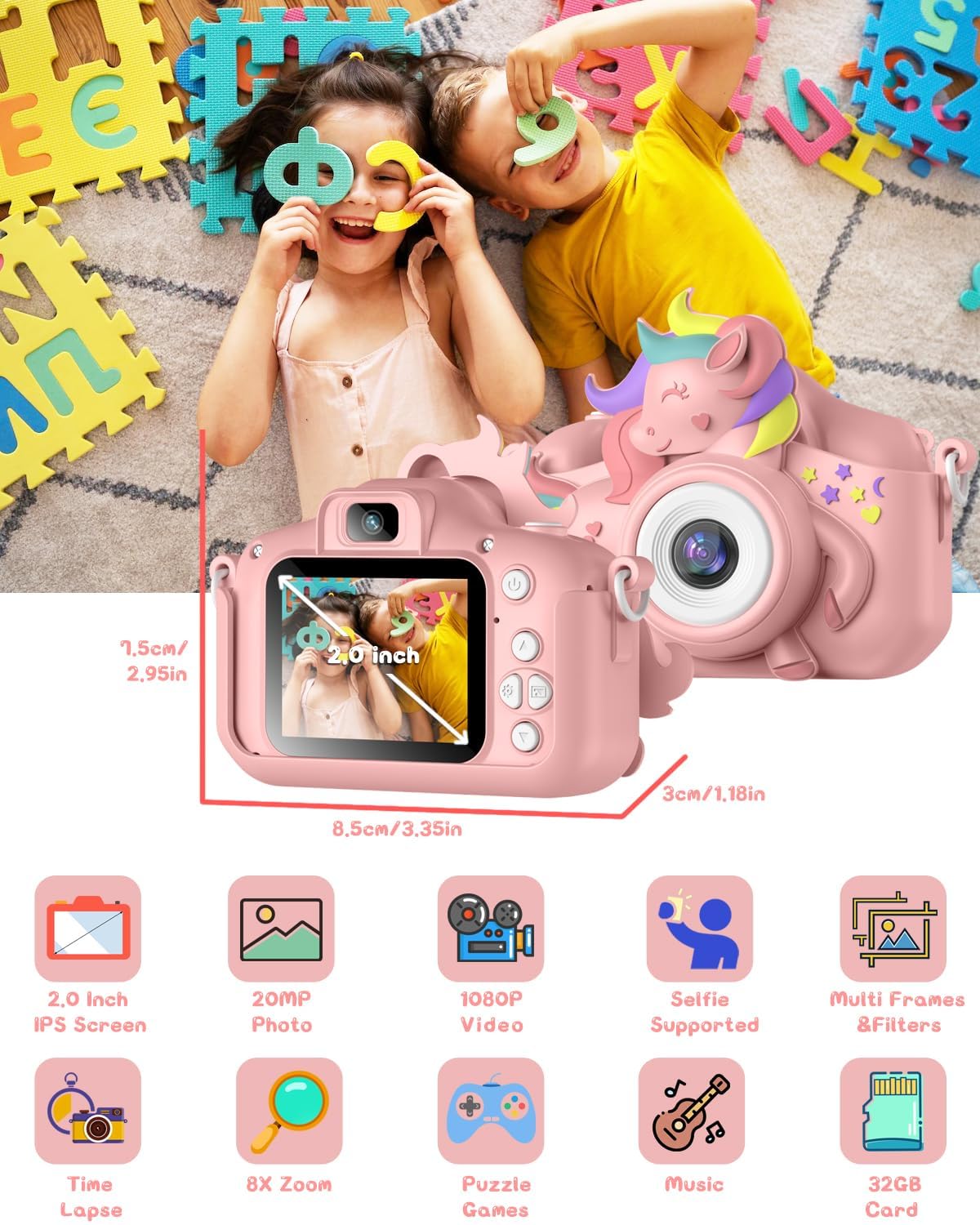 Gofunly children selfie camera with pink unicorn protective cover back view