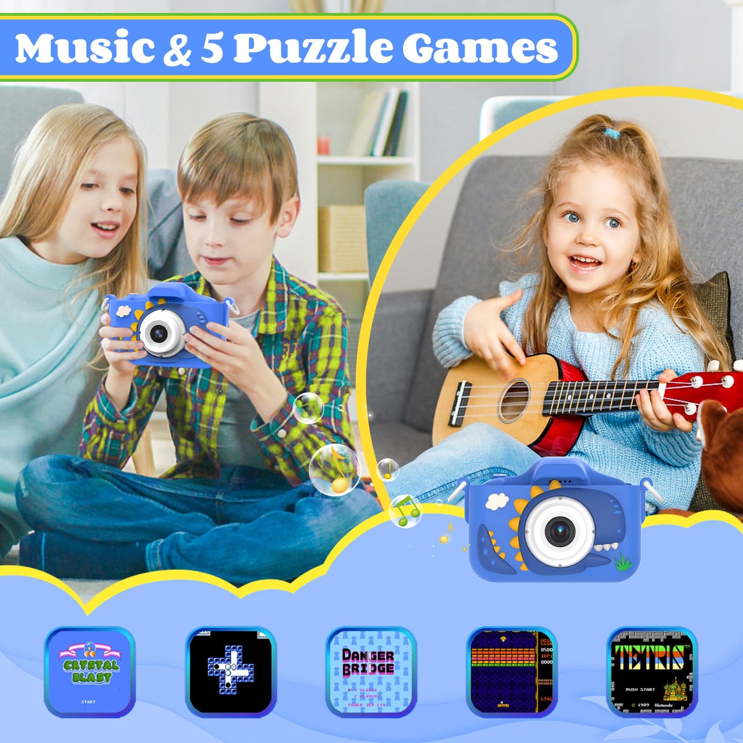 XBENDON shockproof toddler camera front view with the protective blue dinosaur jacket removed
