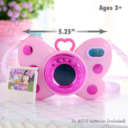 Just Play Minnie Mouse toy camera showing the flashbulb area and shiny chrome finishes.