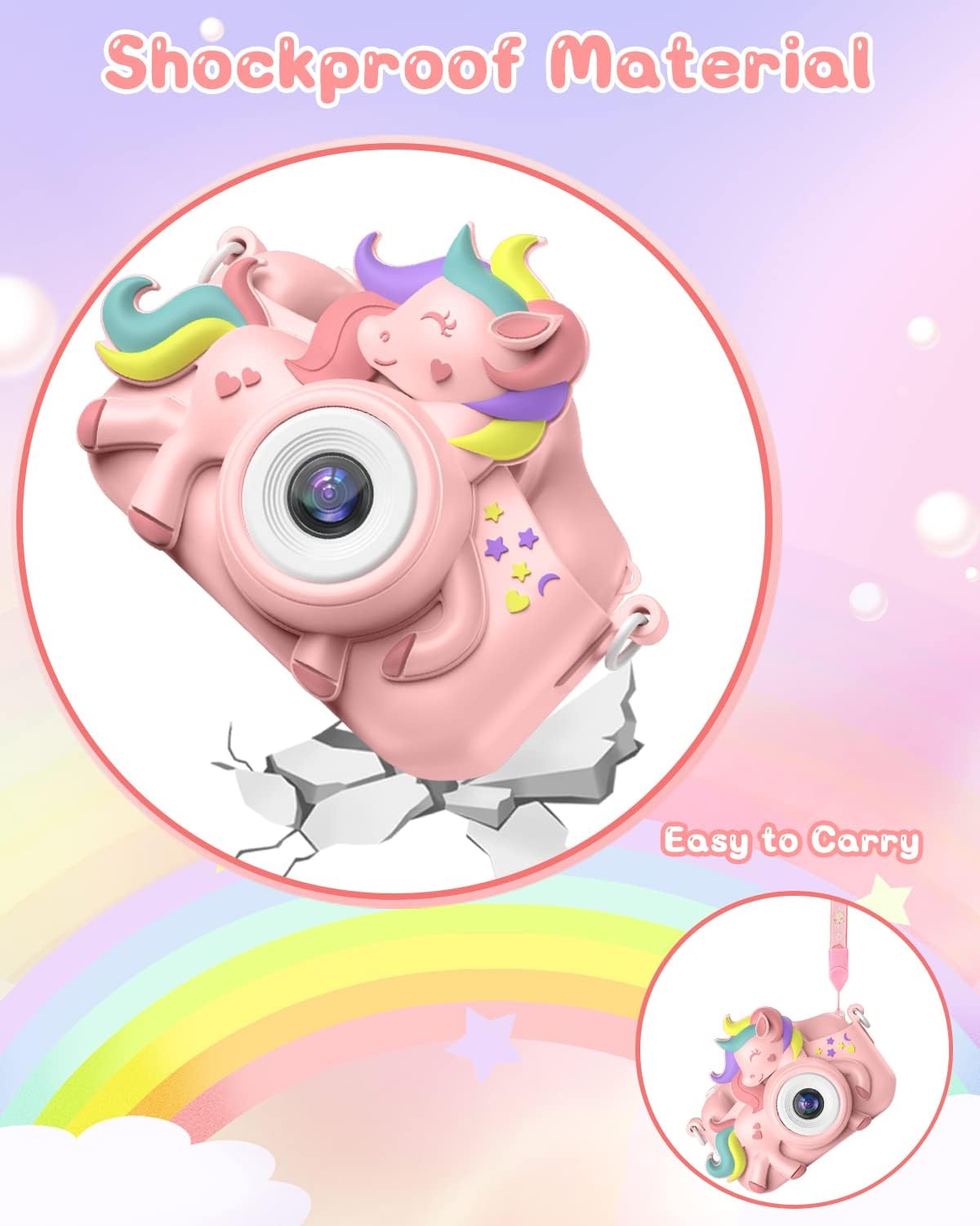 Gofunly pink unicorn design camera toy for kids birthday gift presentation