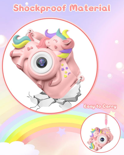 Gofunly pink unicorn design camera toy for kids birthday gift presentation