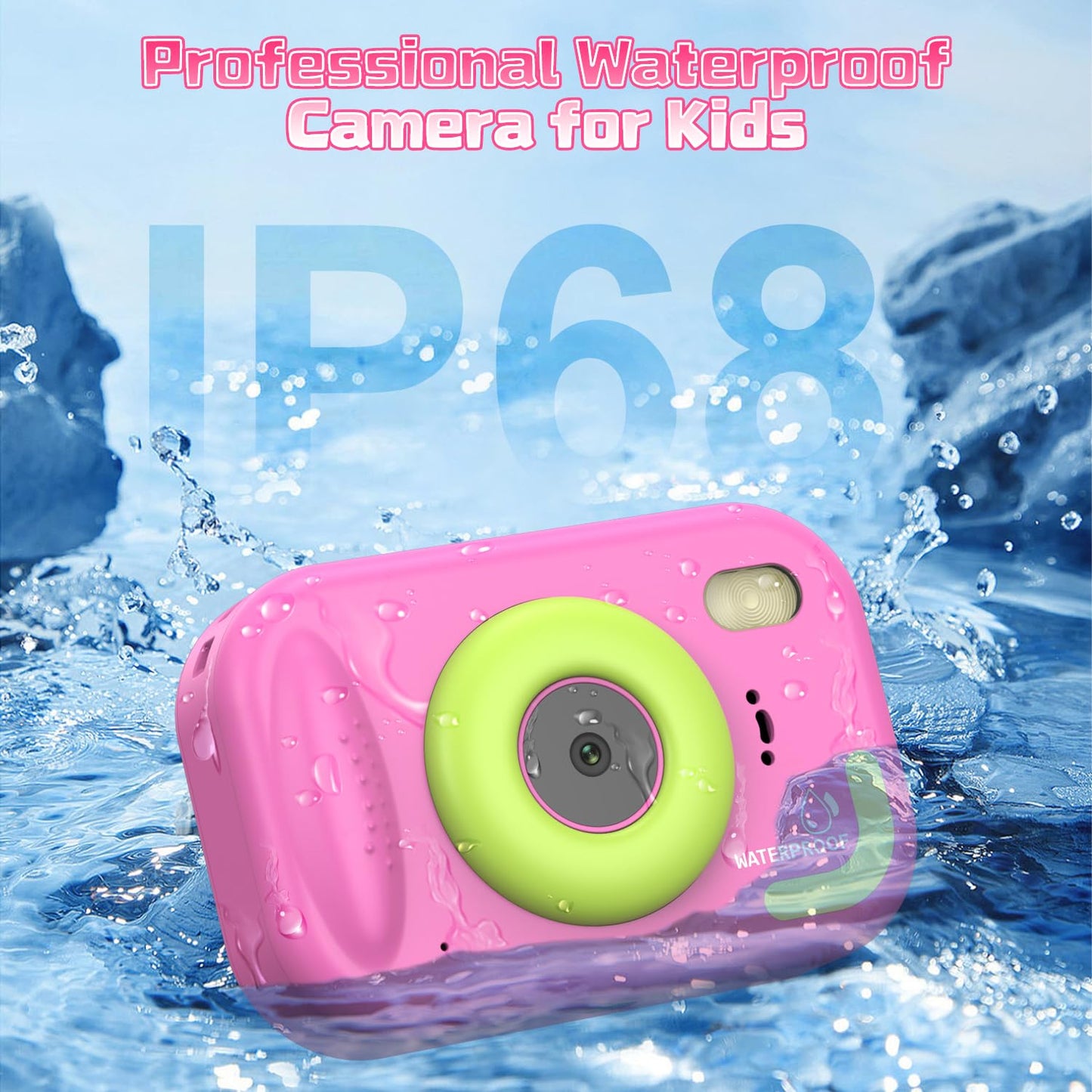 Usteetic underwater camera for kids pink color displaying the clear two point four inch LCD playback screen and rear buttons.