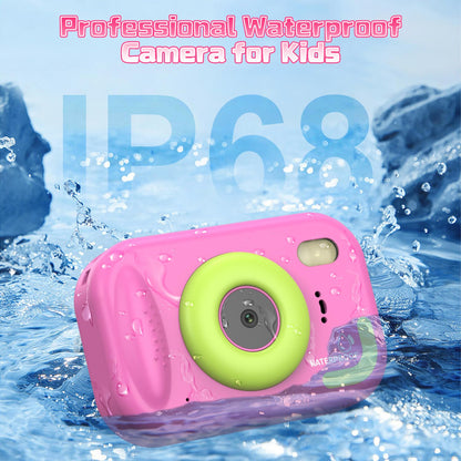 Usteetic underwater camera for kids pink color displaying the clear two point four inch LCD playback screen and rear buttons.