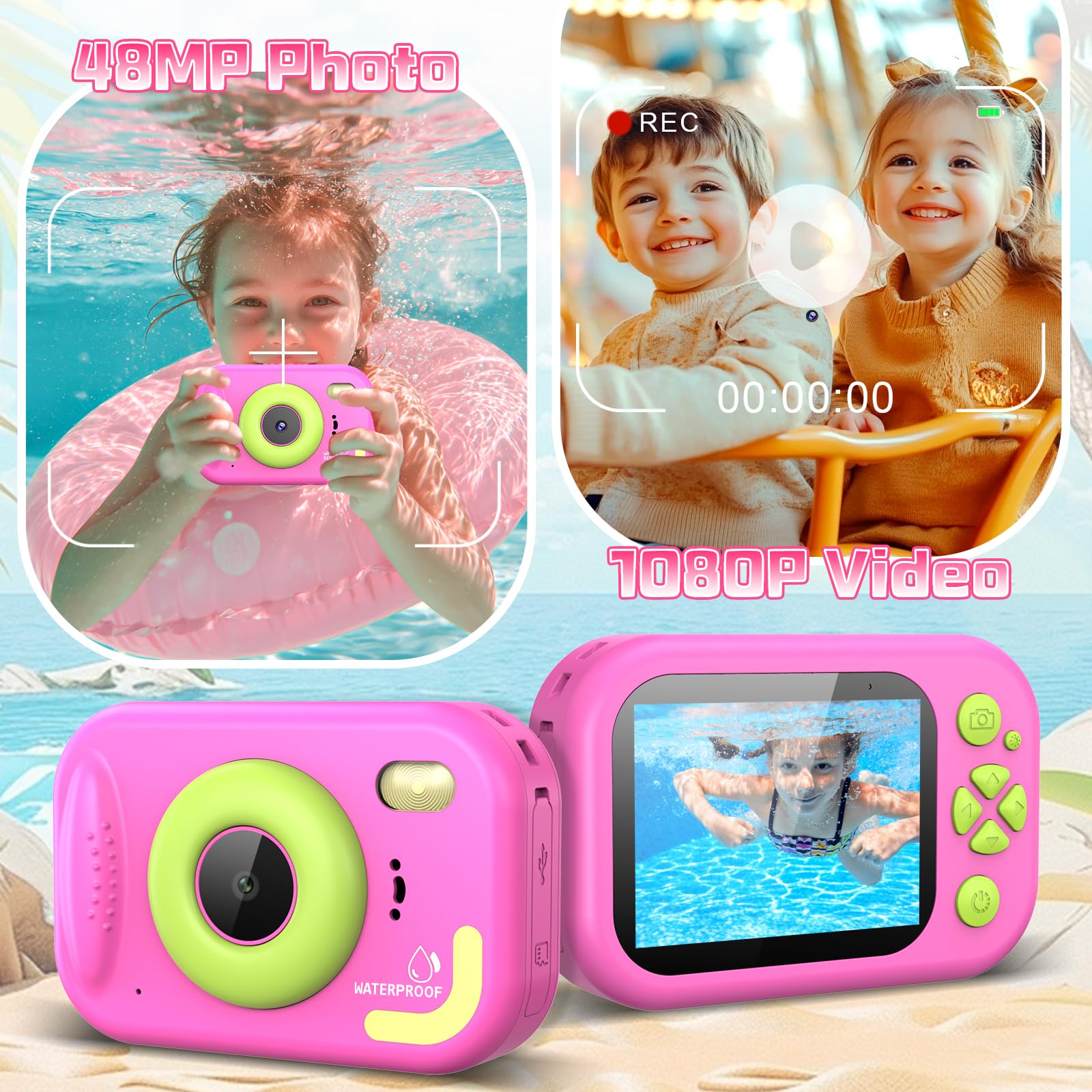 Usteetic children digital toy camera pink showing the true waterproof sealed ports and durable shockproof ABS plastic chassis.