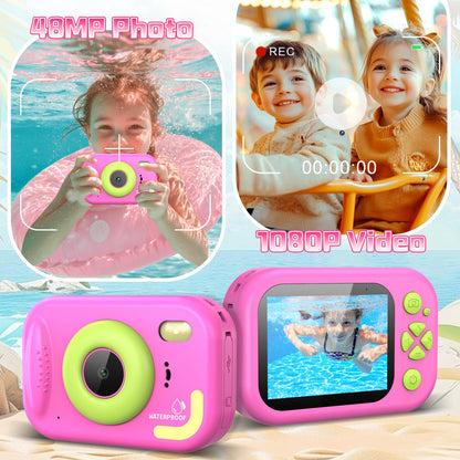 Usteetic children digital toy camera pink showing the true waterproof sealed ports and durable shockproof ABS plastic chassis.