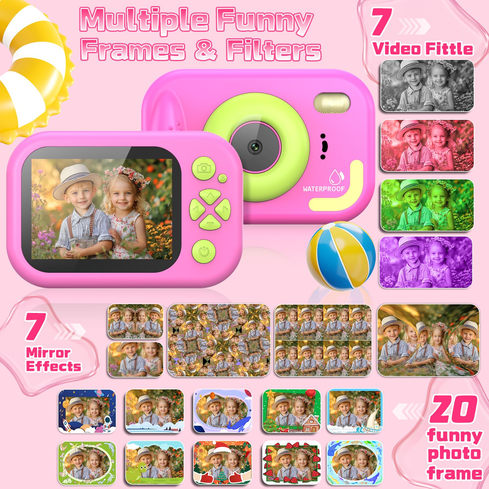 Usteetic full high definition kids action camera pink resting on a flat surface with the included thirty two gigabyte memory card.