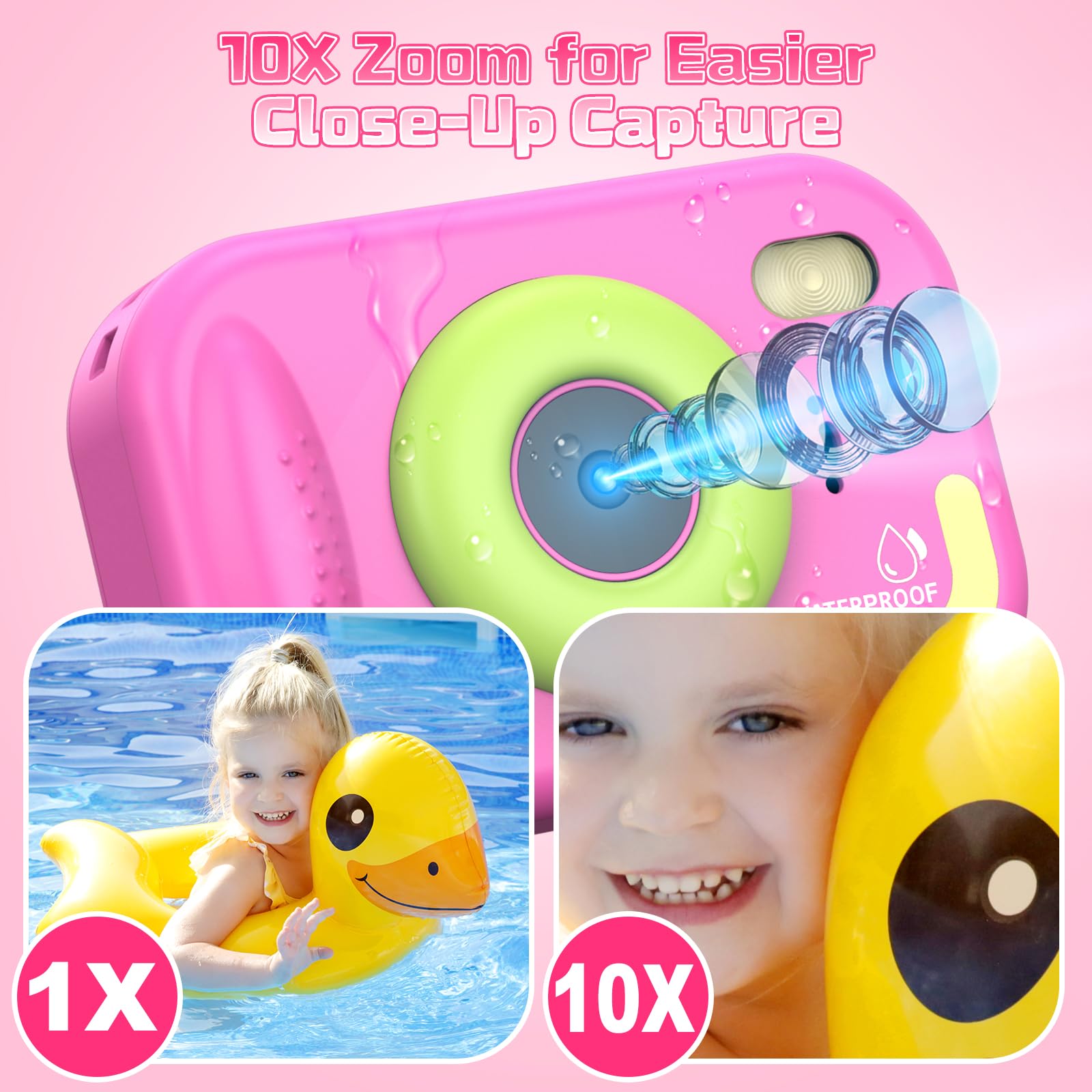Usteetic forty eight megapixel kids camera pink angled view highlighting the built in LED flashlight and top shutter button.