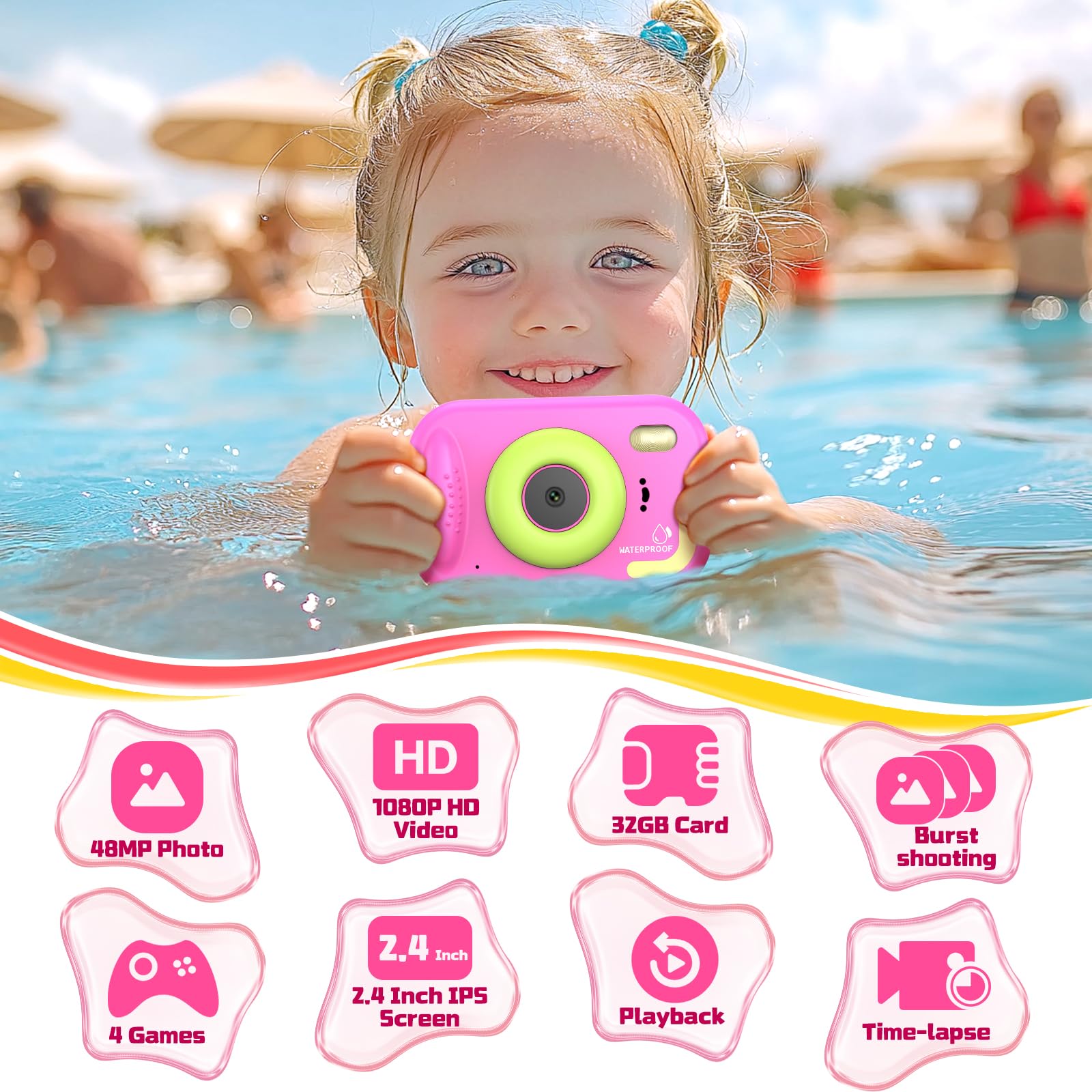 Usteetic premium pink underwater camera for girls showing the comfortable grip design and attached colorful carrying lanyard accessory.