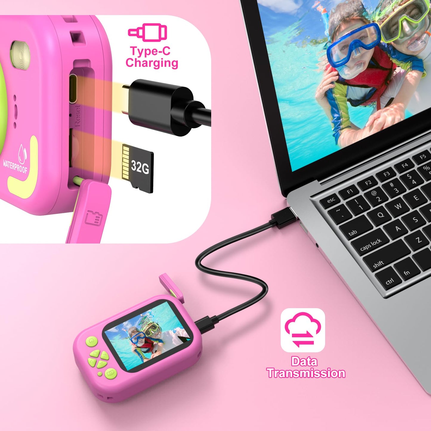 Usteetic shockproof digital camera for children pink highlighting the rugged silicone corner bumpers for advanced drop protection.