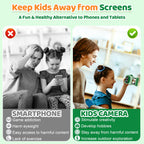 Myvia children toy camcorder showing the 180 degree flip screen selfie feature