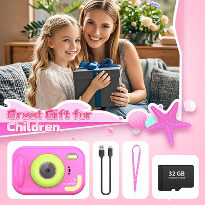 Usteetic pink pool toy digital camera unboxing presentation with packaging box, charging cable, and user instruction manual.