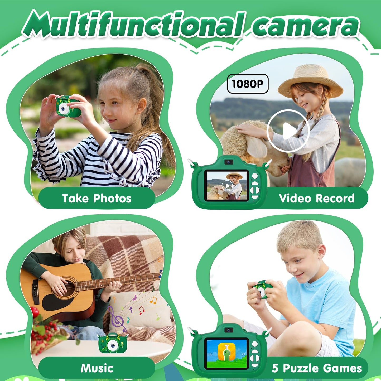 Duckart shockproof kids camera demonstrating the detachable protective green silicone sleeve