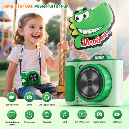 Myvia toddler camera green side profile highlighting the shockproof protective shell design