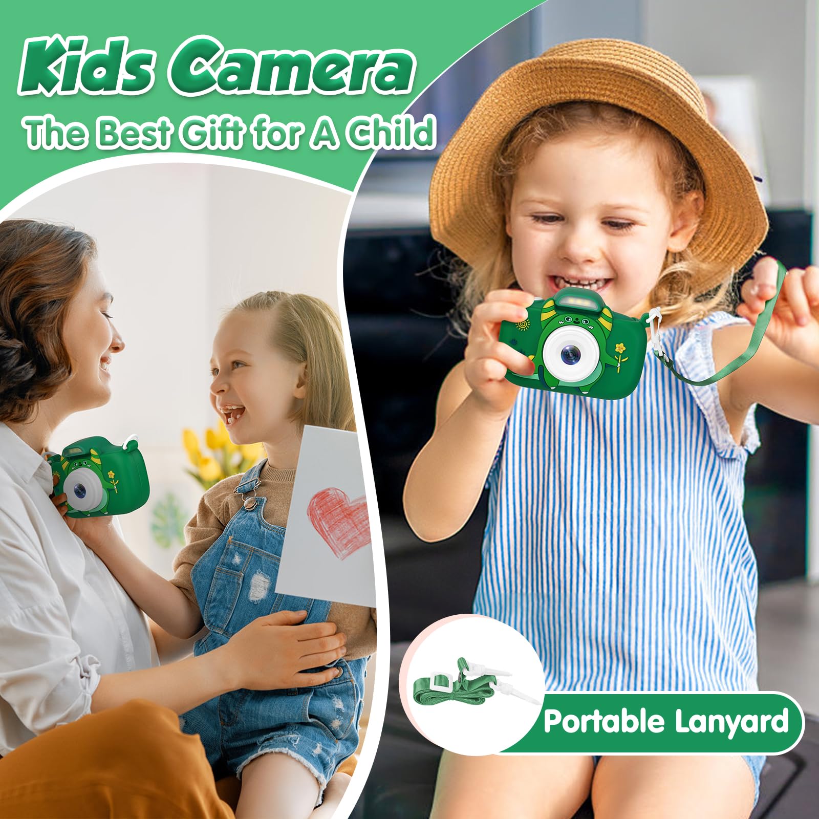 Duckart portable toddler camera layout including the USB cable and wearable neck lanyard