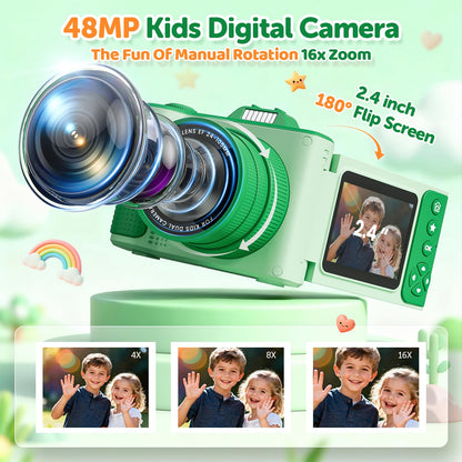 Myvia portable kids camera back view showcasing the 2.4 inch high definition IPS screen