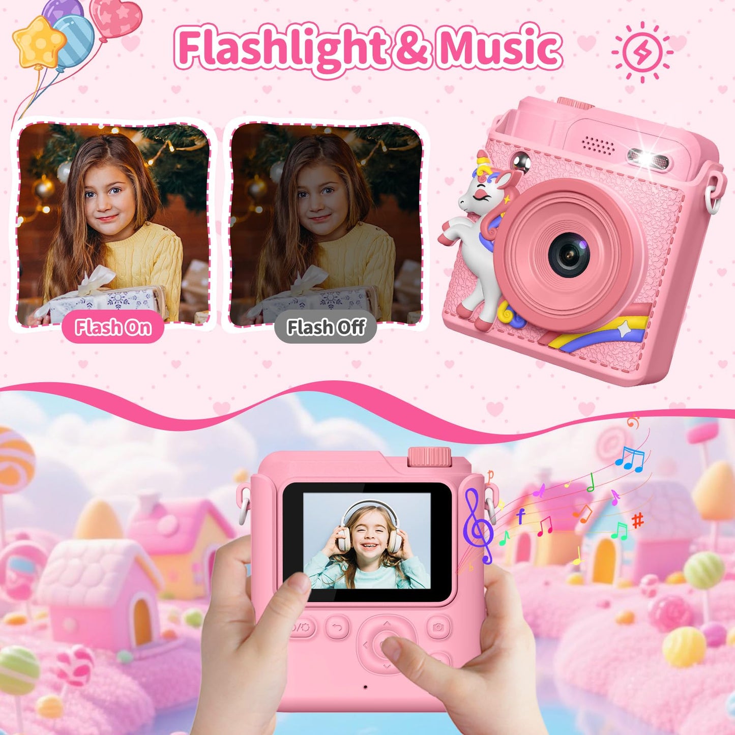 Gofunly shockproof kids camera pink unicorn edition being held by a child