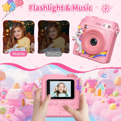 Gofunly shockproof kids camera pink unicorn edition being held by a child