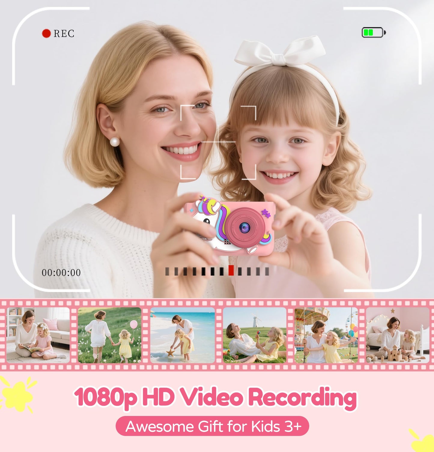 Rear display screen of the 1080P HD children camera showing the simple button layout.