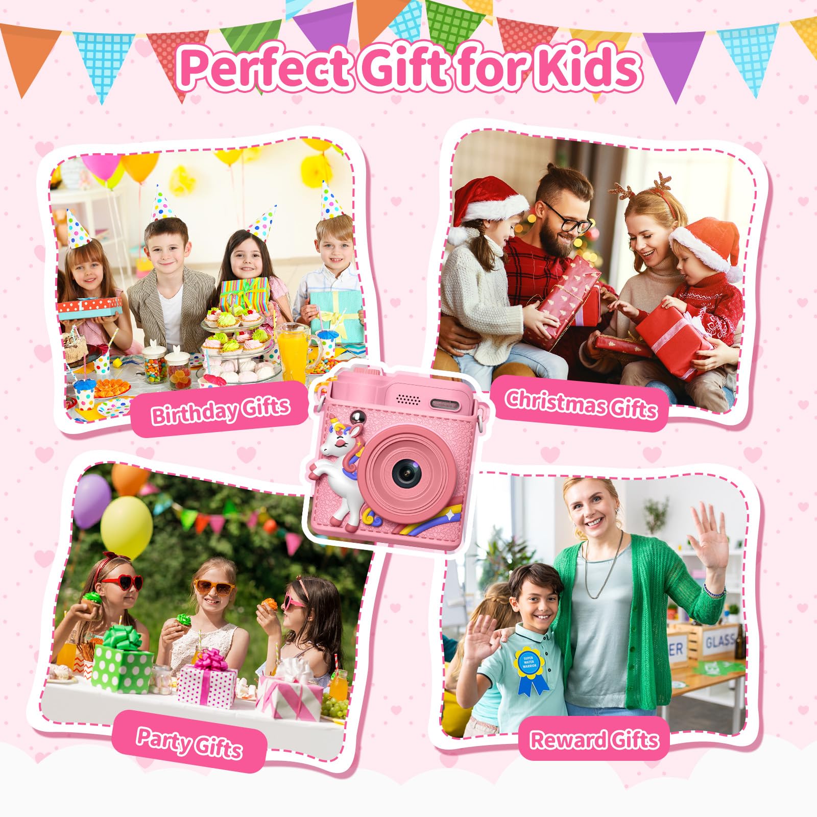 Gofunly educational toy camera showing the built-in game menu and creative filters