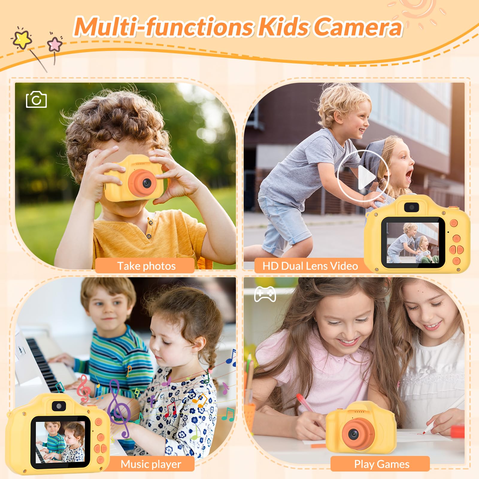 Side view of the children's portable selfie camera highlighting the secure memory card slot.