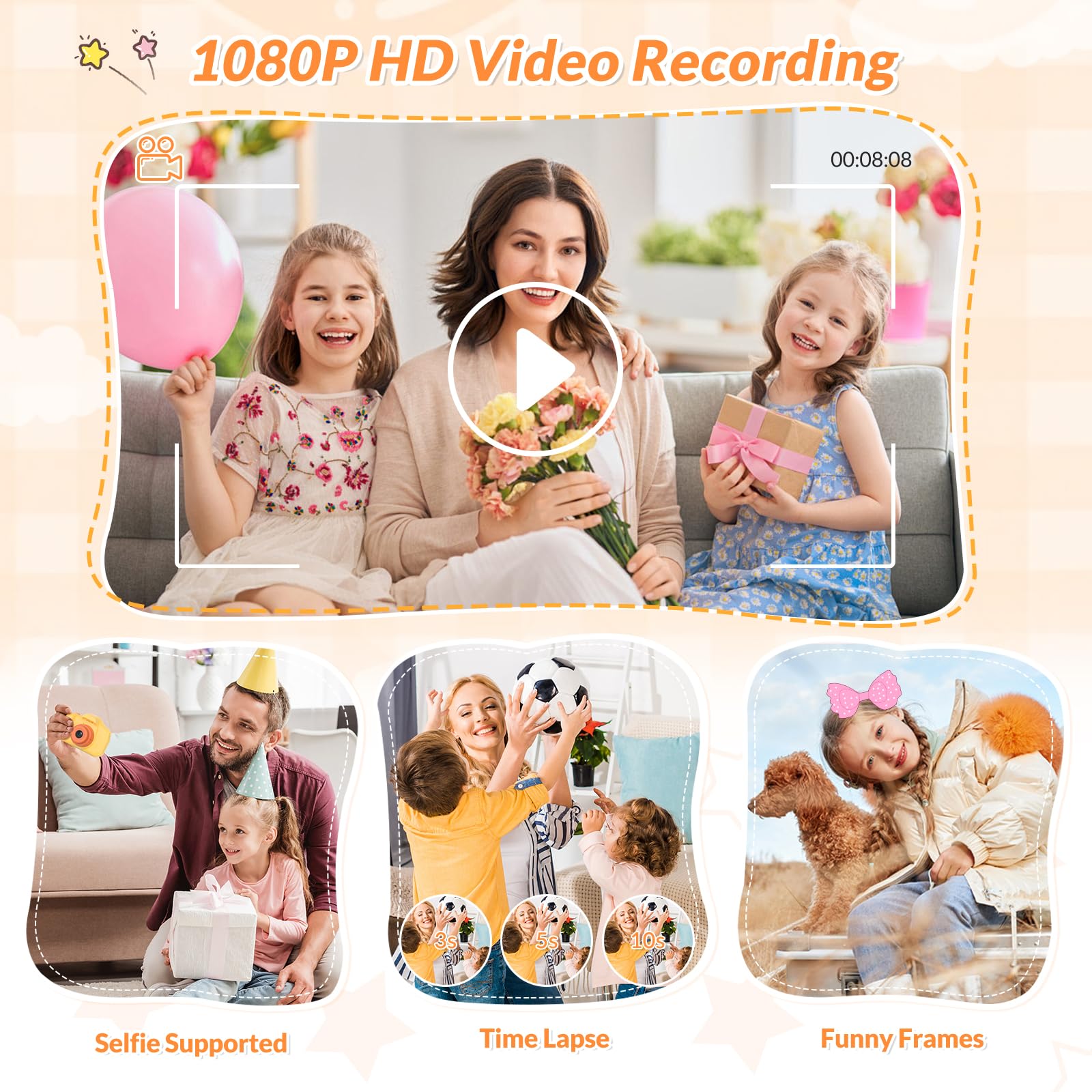 Top angle of the orange toy camera displaying the simple shutter button layout for kids.