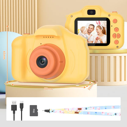 Complete packaging view of the USA-sourced holiday gift camera with its included USB cable.