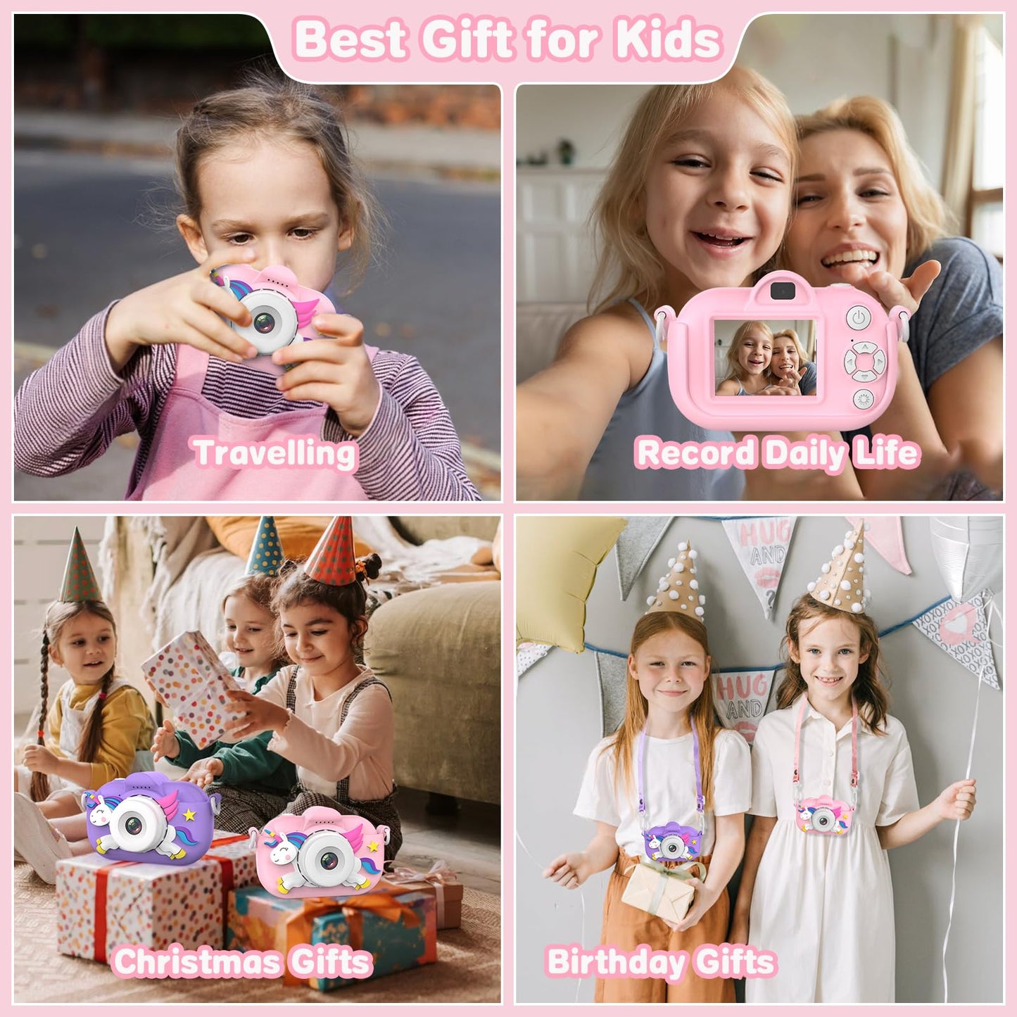 Xoieod pink camera for girls showing the durable neck lanyard attachment