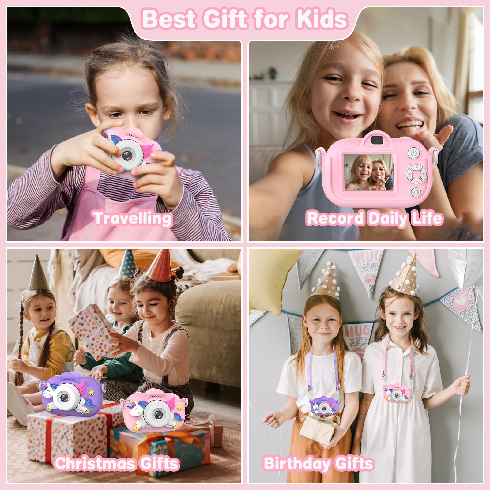 Xoieod pink camera for girls showing the durable neck lanyard attachment