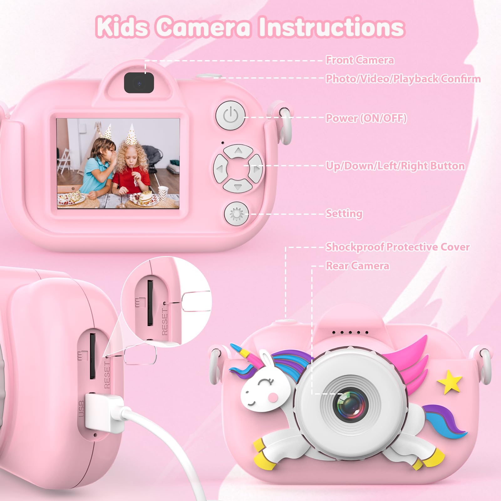 Xoieod toddler camera accessories depicting the included micro USB charging cord