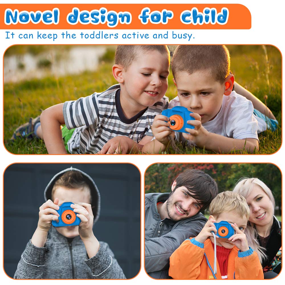 Dylanto navy blue kids camera demonstrating the built in sticker frames feature