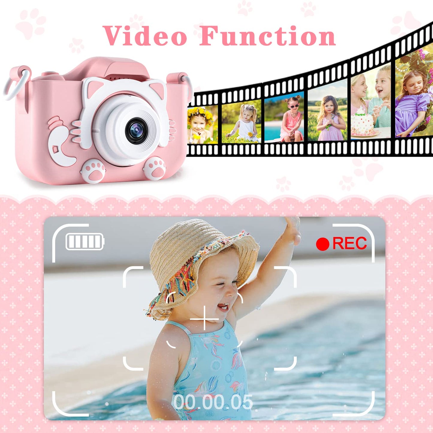 CIMELR high definition children camera demonstrating the built in cartoon photo frames.