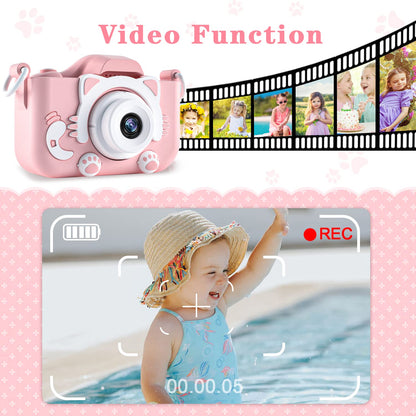 CIMELR high definition children camera demonstrating the built in cartoon photo frames.