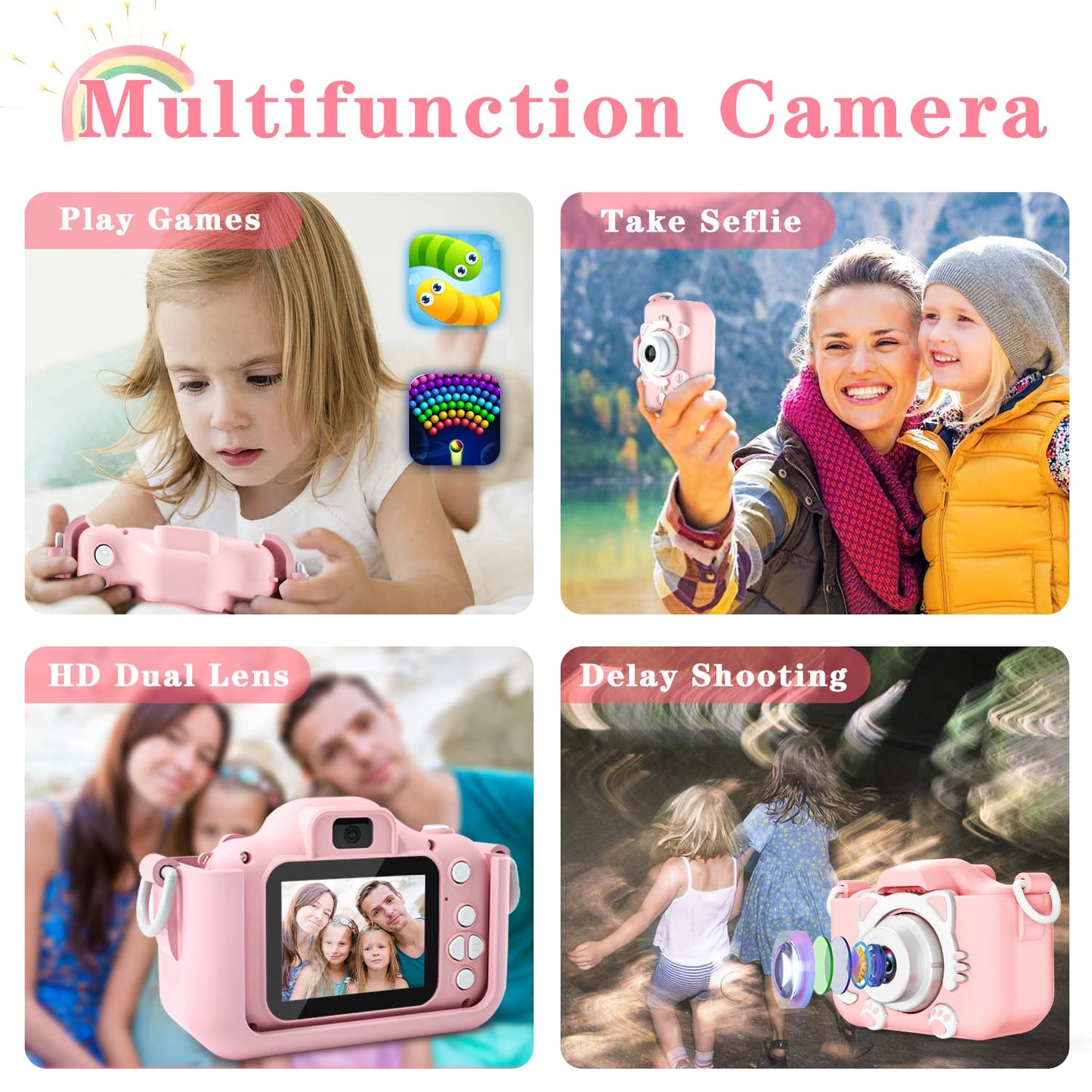 CIMELR portable digital camera for boys and girls highlighting the side charging port details.
