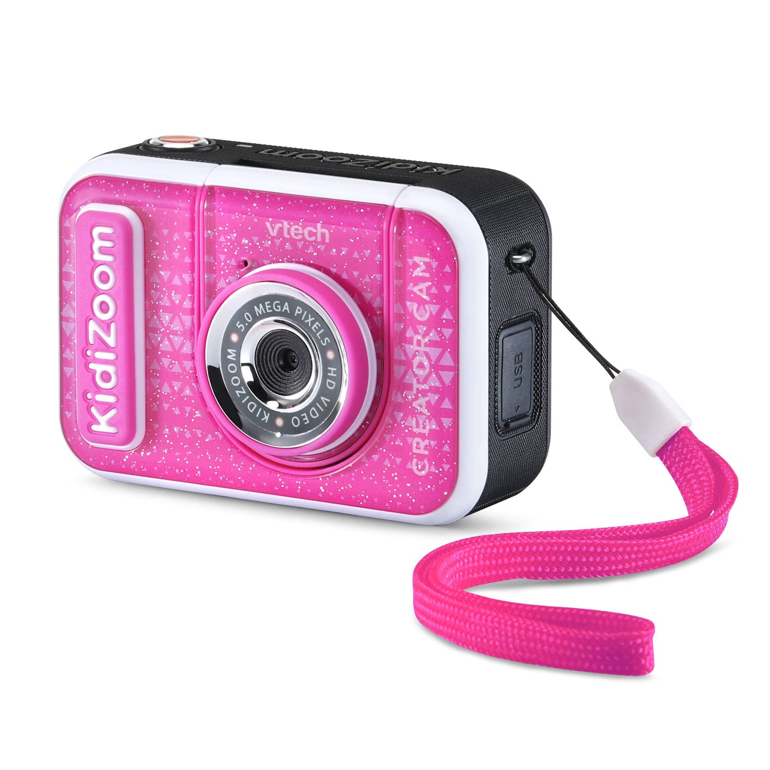 VTech KidiZoom Creator Cam toy kit including the glitter pink camera body along with the essential green screen fabric cloth accessory for special visual effects