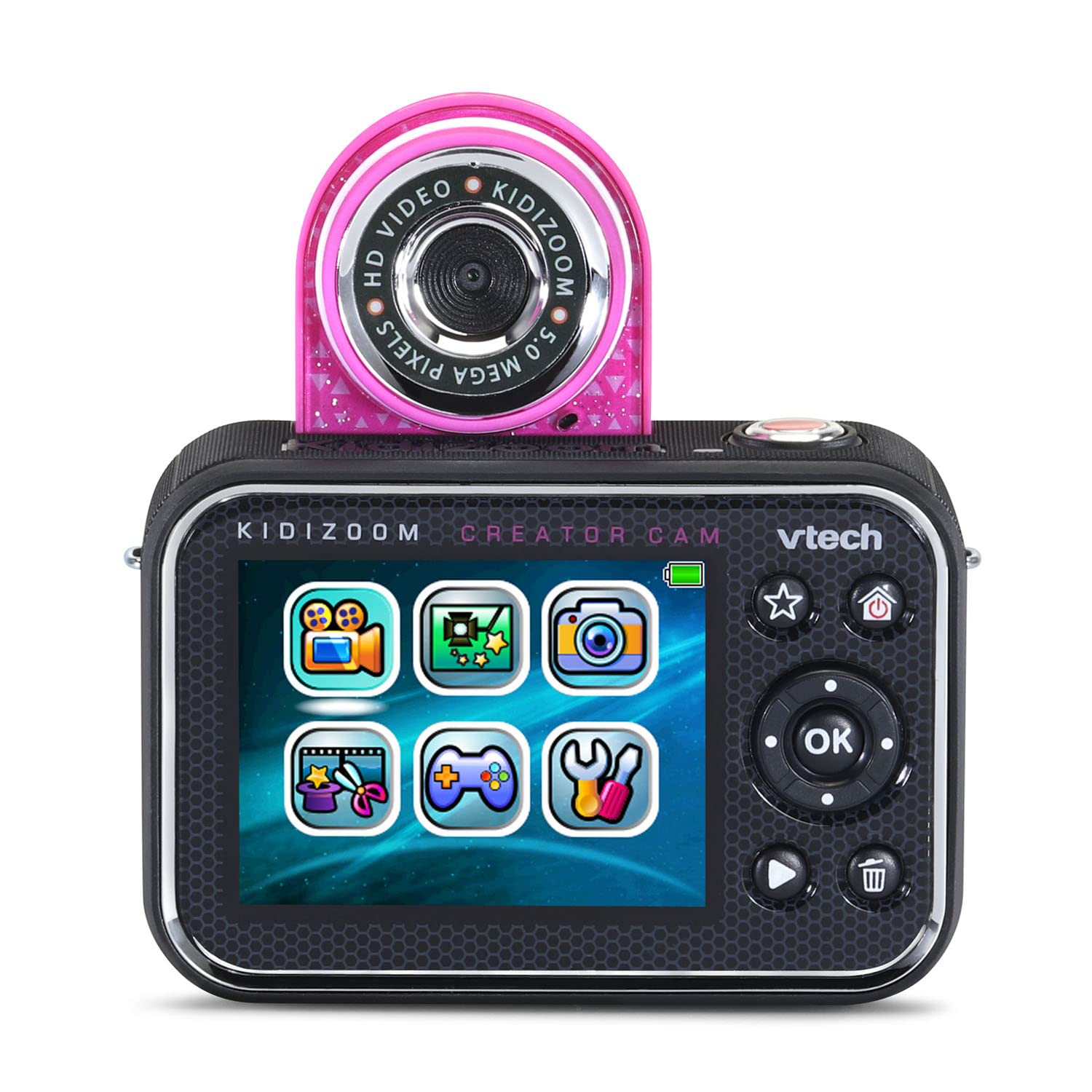 VTech KidiZoom Creator Cam side angle displaying the flip up selfie lens capability and sturdy build quality of this educational media creation gadget