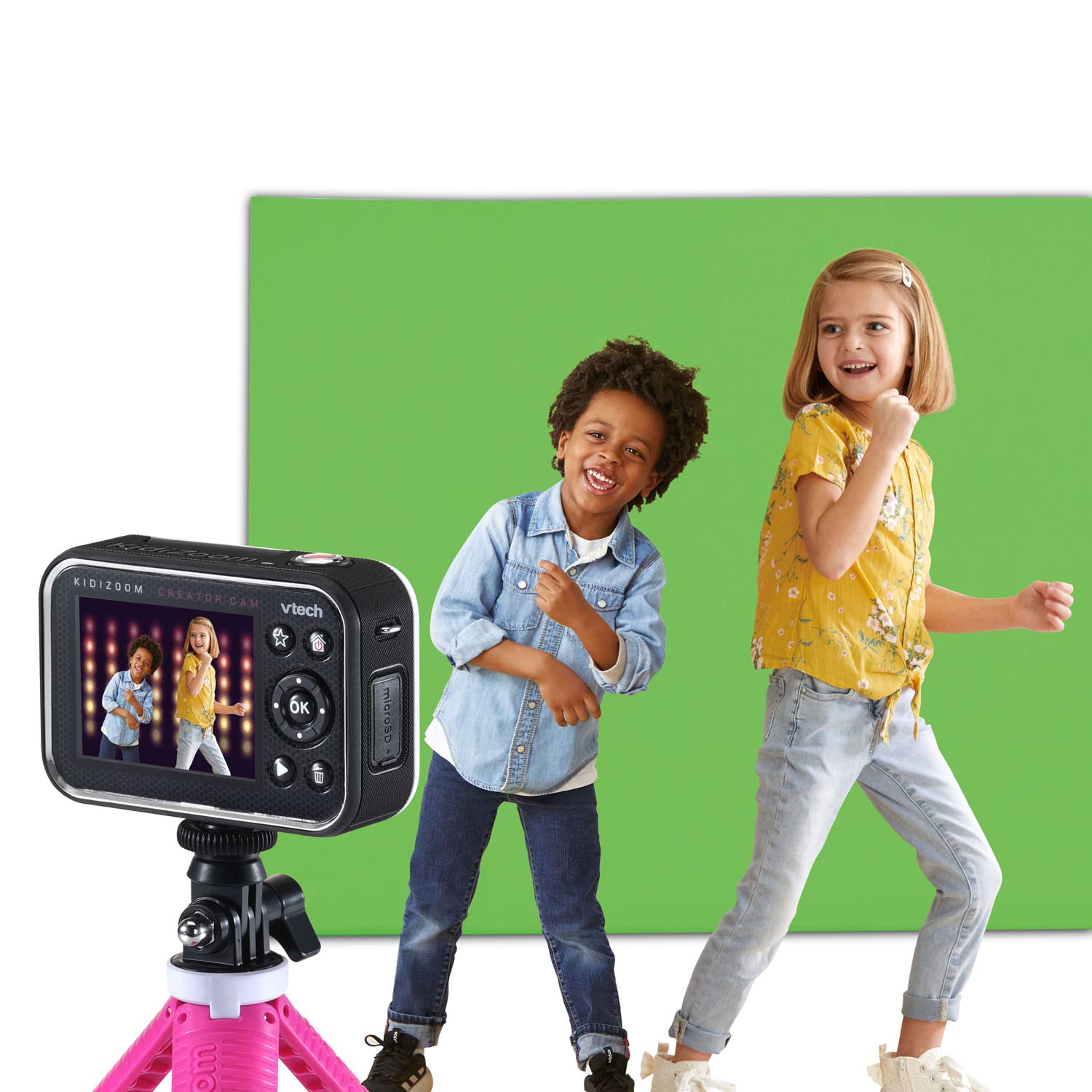 VTech KidiZoom Creator Cam packaging layout showing the digital camera unit alongside the included tabletop tripod handle and connectivity cable accessories