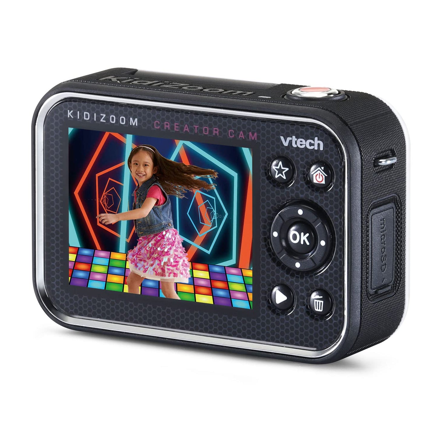 VTech KidiZoom Creator Cam user interface preview highlighting the on screen editing menu and animated background choices for young video creators