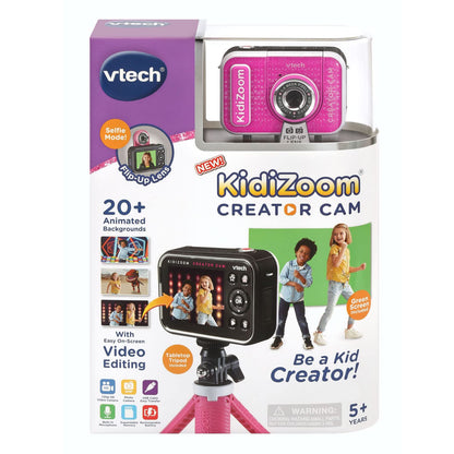 VTech KidiZoom Creator Cam glitter pink version being held in selfie stick configuration to demonstrate portable action camera use for outdoor adventures