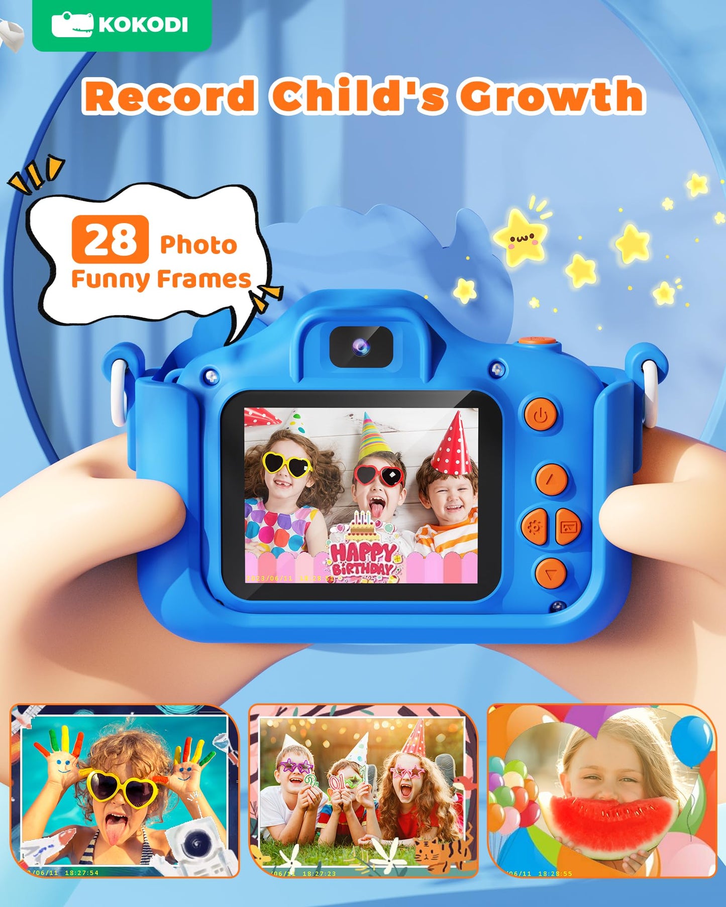 KOKODI toddler video camera body with included thirty two gigabyte memory card and USB cable