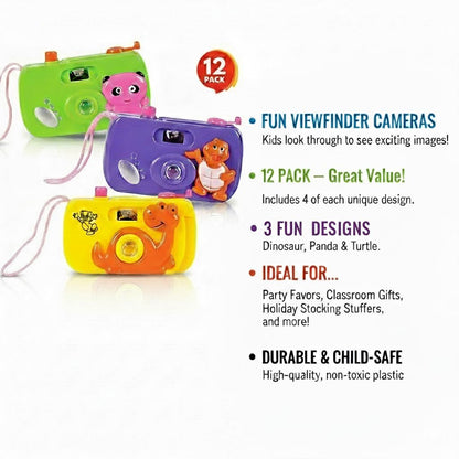 Close up of the optical viewfinder and mechanical click button on the yellow panda design toddler toy camera.
