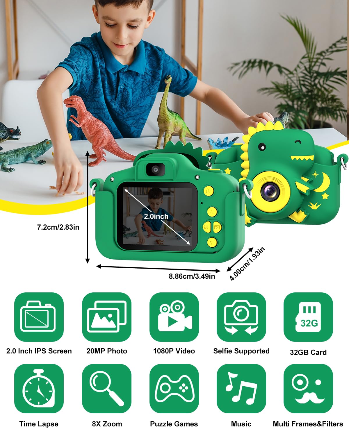 GREENKINDER toddler camera rear view highlighting the two inch color display screen