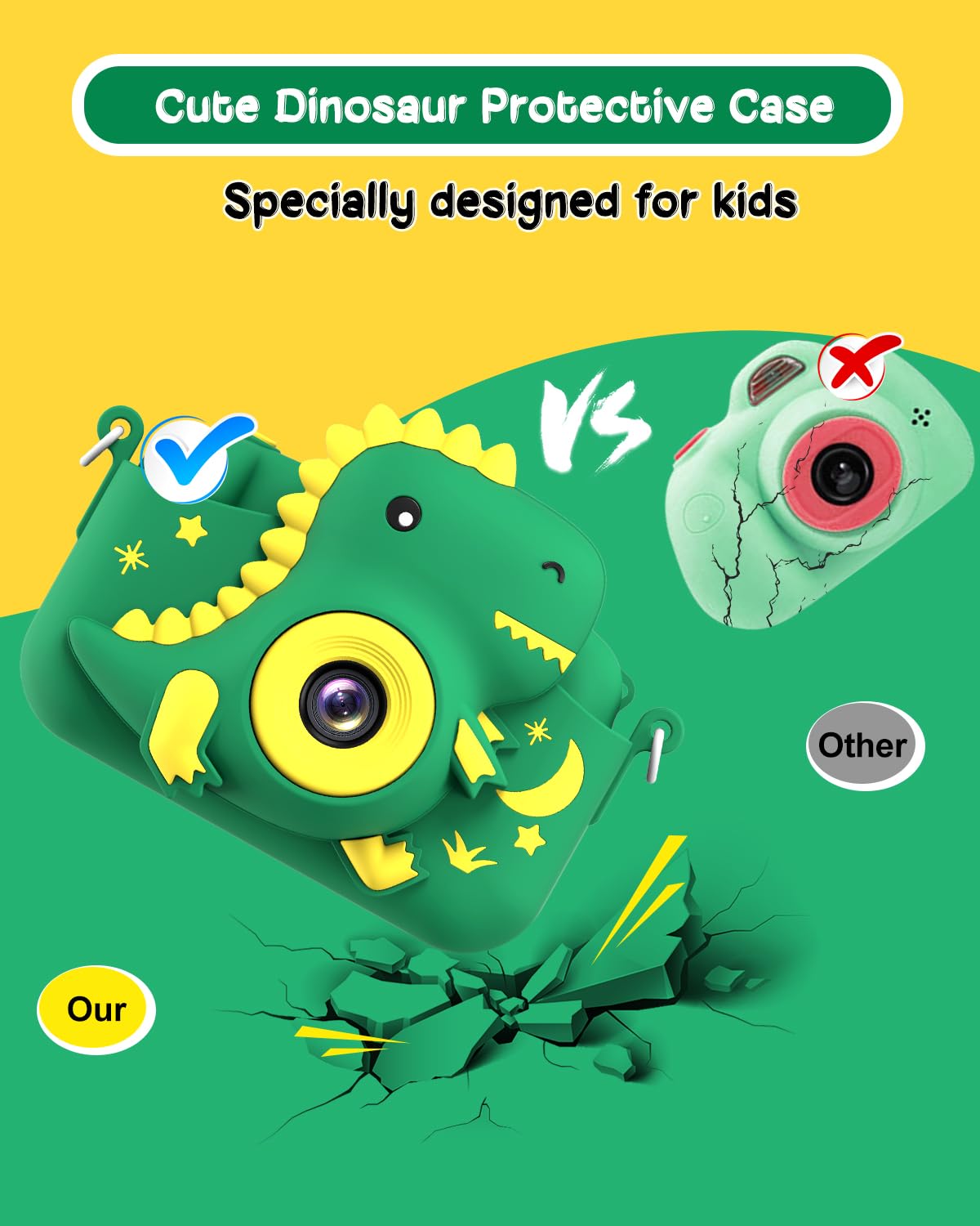 GREENKINDER children camera selfie mode demonstrating the front and rear dual lens functionality