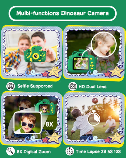 GREENKINDER dinosaur camera package contents displaying the thirty two gigabyte memory card and cable