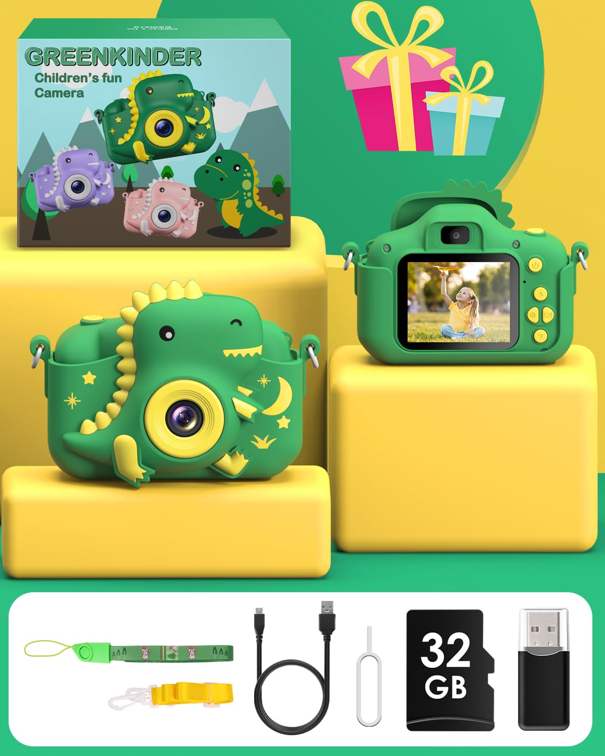 GREENKINDER photography toy showing the built-in puzzle game menu selection on the screen