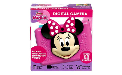 USA imported eKids Disney cartoon character camera unboxed with all included accessories layout.