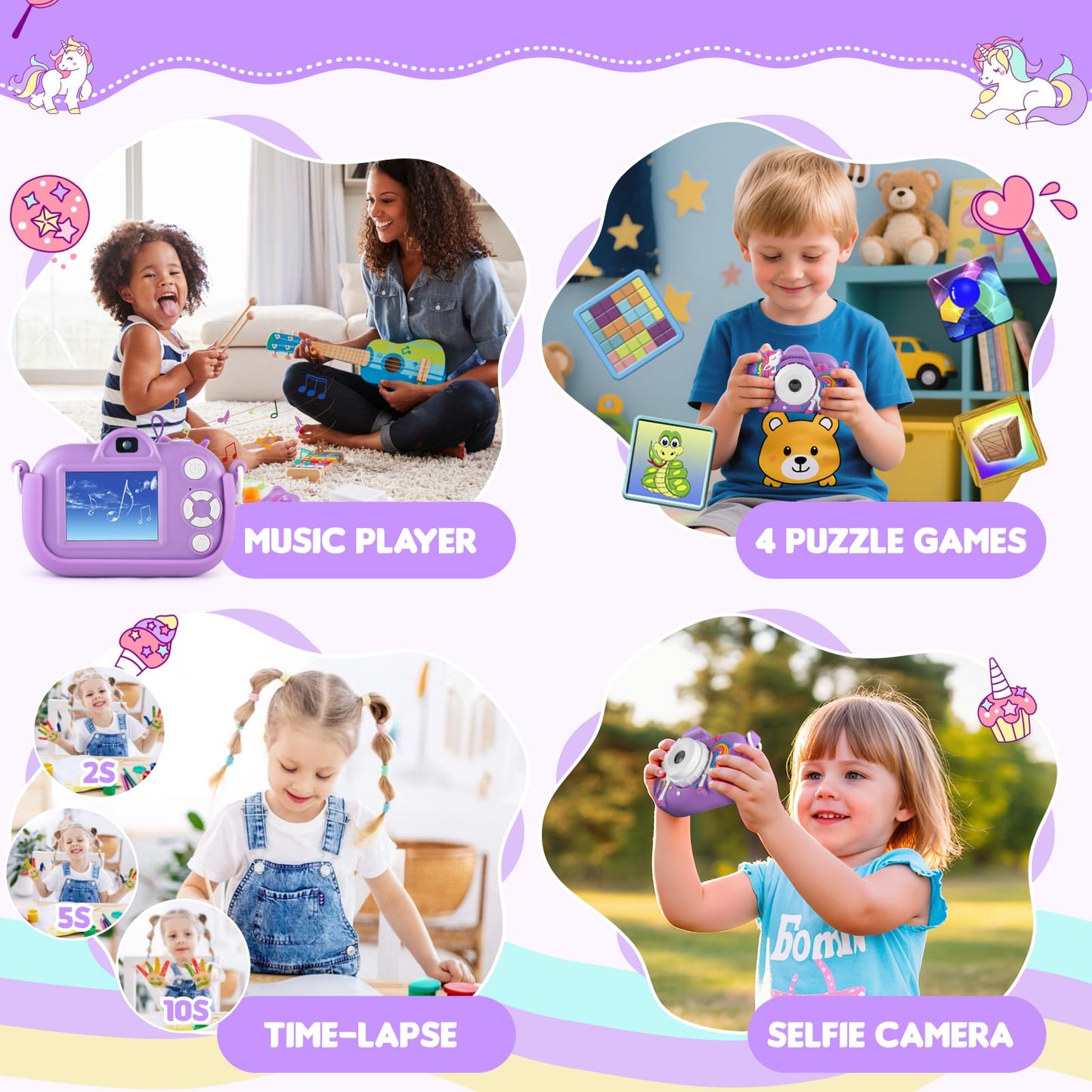 NBKLS toddler camera angled view demonstrating the thick shockproof purple silicone protective cover
