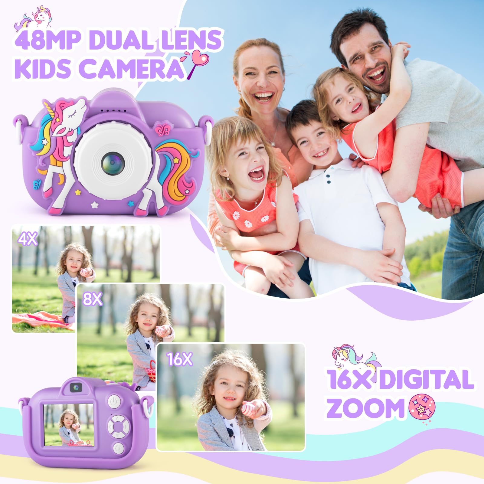 NBKLS kids camera showing the complete gift package contents including thirty two gigabyte secure digital card and lanyard