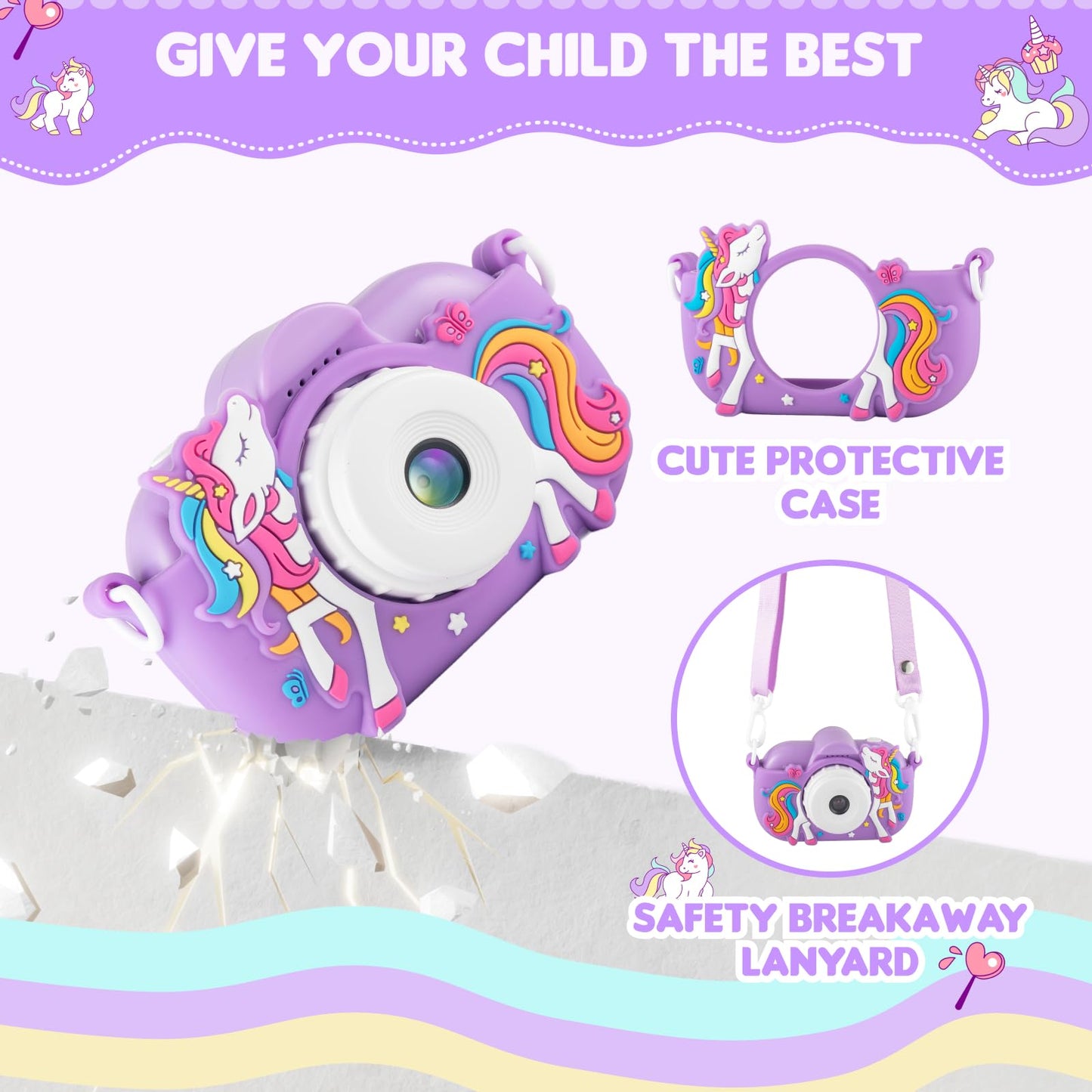 NBKLS children video camera showing the detailed cartoon unicorn face on the removable protective casing