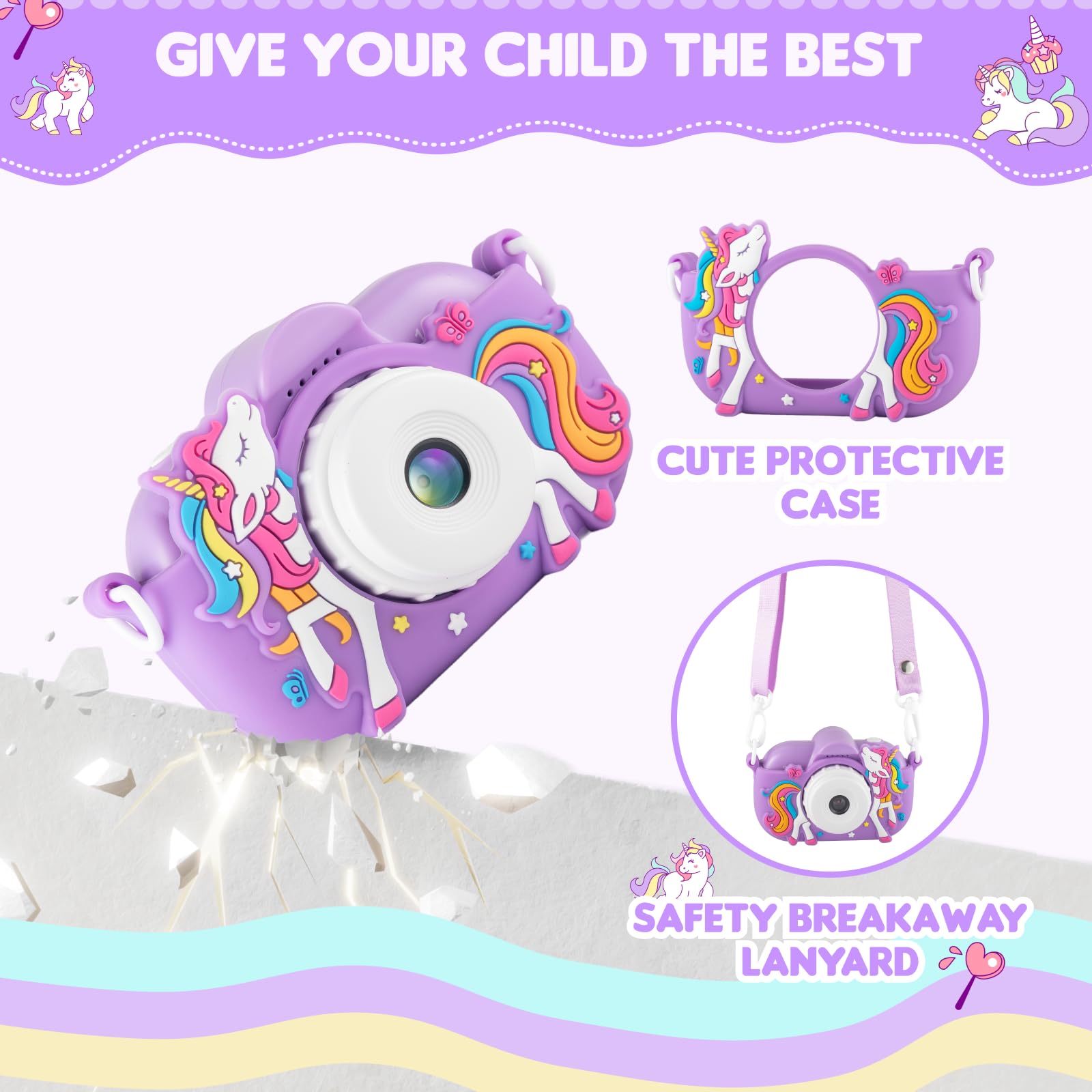 NBKLS children video camera showing the detailed cartoon unicorn face on the removable protective casing