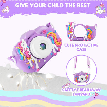 NBKLS children video camera showing the detailed cartoon unicorn face on the removable protective casing